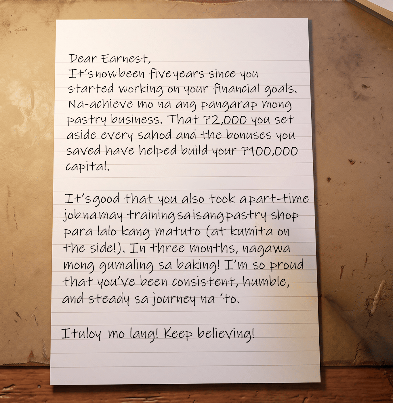 A sample letter for a financial goal writing activity