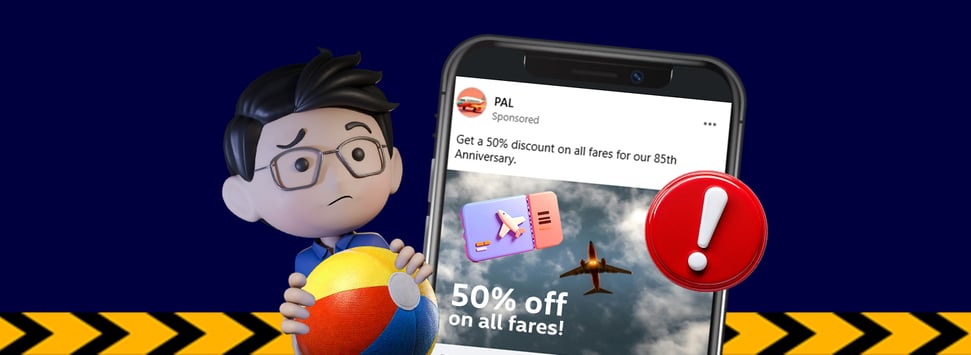 An illustration of a man looking at a travel scam on a mobile phone.