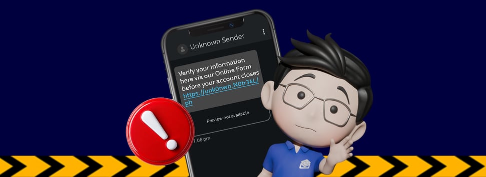 An illustration of a man warning against a phishing scam