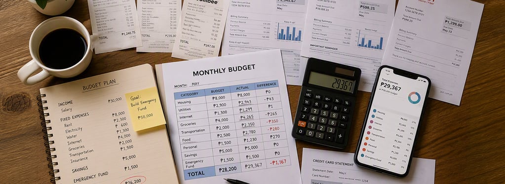 Billing statements, budgeting tools, and budget plans on a desk)