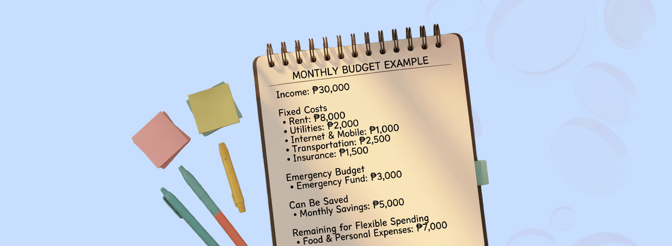 Illustration of a monthly budget tracker written on a notebook)