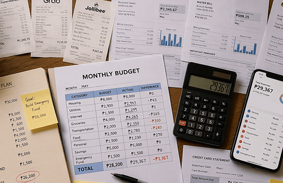 illustration of monthly budget report beside a calculator